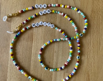 Chain, sunglasses cord, colorful beads and Turkish Eye Nazar Boncuk, Made in France