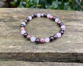 Vitality bracelet in Rose Quartz, Garnet and Rhodonite, Made in France