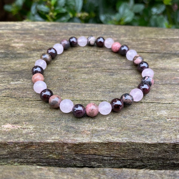 Bracelet vitalité en Quartz Rose, Grenat et Rhodonite, Made in France