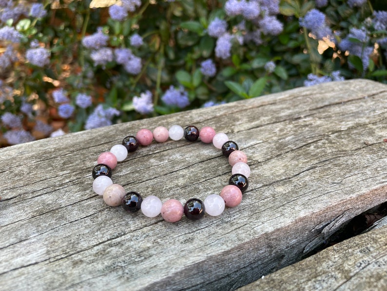 Triple Protection elastic bracelet Rose Quartz, Garnet and Rhodochrosite, Made in France Aucune