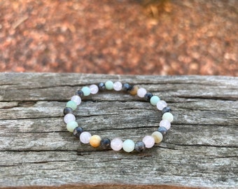 Pulsera elástica que cambia la vida en Labradorita, Cuarzo Rosa y Amazonita, Fabricada en Francia