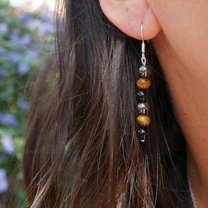 “Triple Protection” Tiger Eye, Hematite and Black Onyx dangling earrings, Made in France