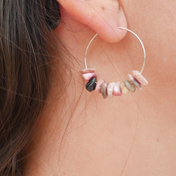 Hoop earrings in Rhodonite, chip beads, Made in France