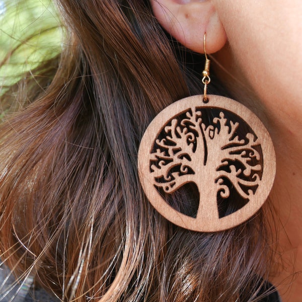 Boucles d'oreilles Arbre de Vie en bois, Made in France