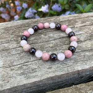 Triple Protection elastic bracelet Rose Quartz, Garnet and Rhodochrosite, Made in France image 2