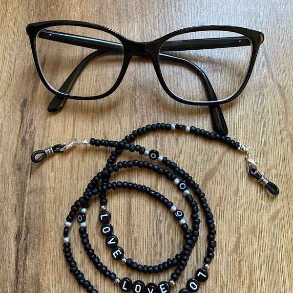 Chaîne, cordon à lunettes de soleil, perles noires fumées et Oeil Turc Nazar Boncuk, Made in France