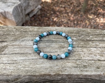 Pulsera elástica “triple protección” en Labradorita, Aguamarina y Apatita natural, Made in France