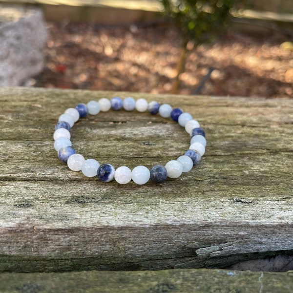 Bracelet élastique de Lithothérapie en Pierre de Lune, Sodalite et Aigue Marine, Made in France