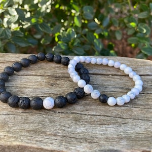 Elastic distance bracelets, couple bracelets in Lava Stone and Howlite, Valentine's Day gift ideas, Christmas gift ideas