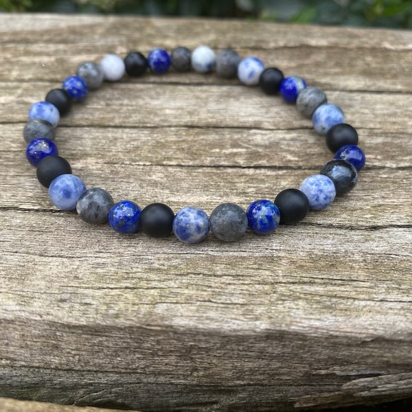 Bracelet élastique Multipierres Sodalite, Lapis Lazuli, Agate noire et Labradorite, Made in France