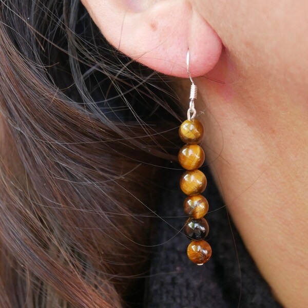 Dangling earrings in natural Tiger Eye, Made in France