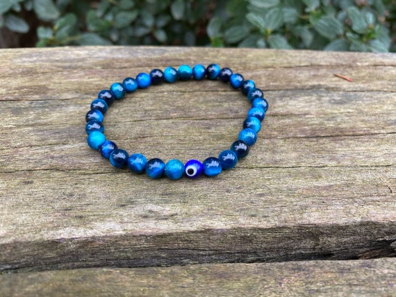Bracelet élastique en Oeil de Tigre et Oeil Nazar Boncuk, Made in France