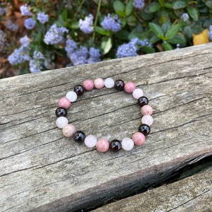 Triple Protection elastic bracelet Rose Quartz, Garnet and Rhodochrosite, Made in France image 3