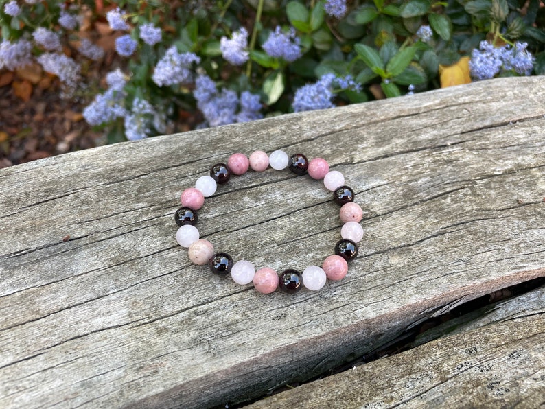 Triple Protection elastic bracelet Rose Quartz, Garnet and Rhodochrosite, Made in France image 3