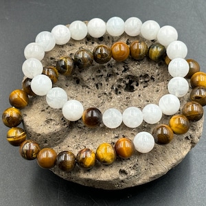 Elastic distance bracelets, couple bracelets in Moonstone and Tiger Eye, Valentine's Day gift ideas, Christmas gift ideas