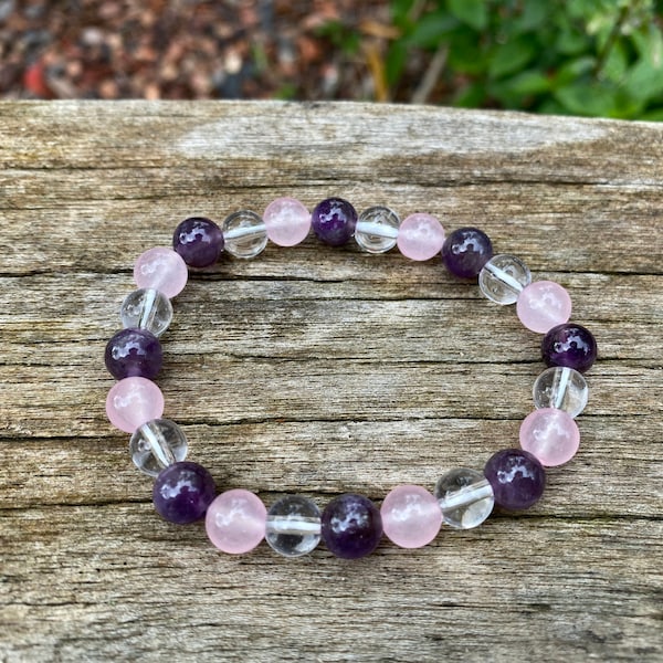 Elastic bracelet "Triple Protection" Rose Quartz, Rock Crystal and Amethyst, Made in France