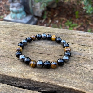 Elastic bracelet "Triple Protection" Tiger's Eye, Hematite and black Onyx, Made in France
