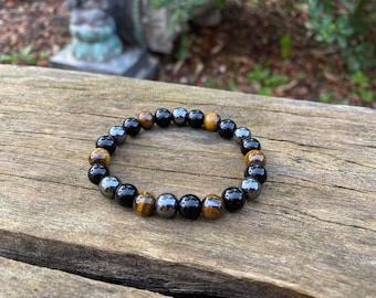 Elastic bracelet "Triple Protection" Tiger's Eye, Hematite and black Onyx, Made in France