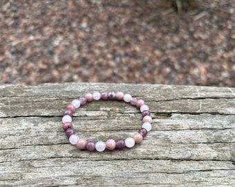 Pulsera elástica "Triple Protección" Cuarzo Rosa, Rodocrosita y Lepidolita, Made in France