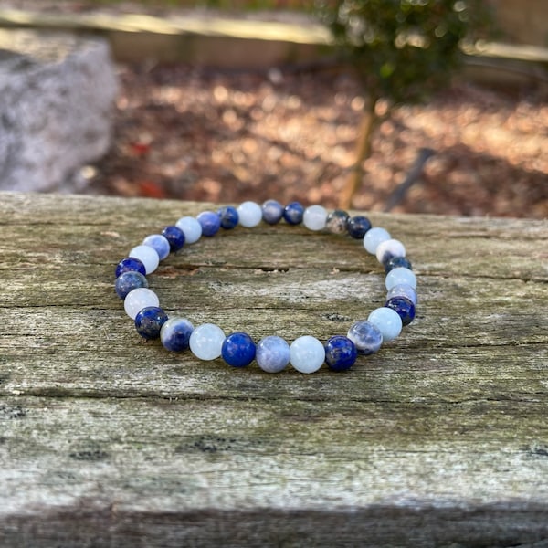 Bracelet élastique en Sodalite, Lapis Lazuli et Aigue Marine, Made in France