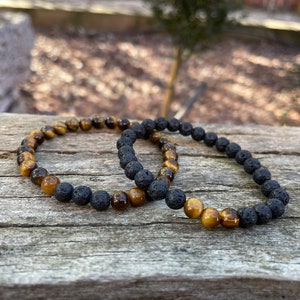 Elastic distance bracelets, couple bracelets in Lava Stone and Tiger Eye, Valentine's Day gift ideas, Christmas gift ideas