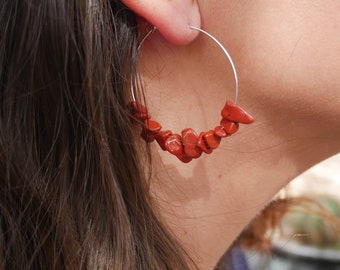 Boucles d'oreilles créoles en Jaspe Rouge naturel, Made in France