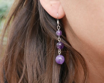 Boucles d'oreilles pendantes à 3 perles  en Améthyste naturelle, Made in France