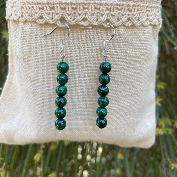 Boucles d'oreilles pendantes en Malachite, Made in France