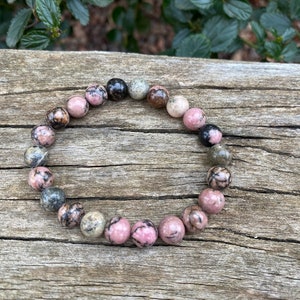 Elastic bracelet in natural Rhodonite, Made in France