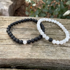 Elastic distance bracelets, couple bracelets in lava stone and moonstone, Valentine's Day gift ideas, Christmas gift ideas