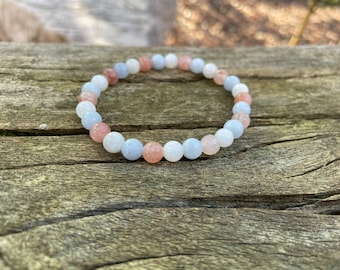 Elastic bracelet in Moonstone, Sunstone and Aquamarine, Made in France