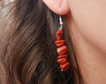 Boucles d'oreilles pendantes en Jaspe Rouge naturel, Made in France