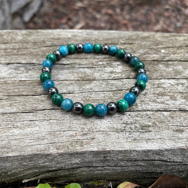 Bracelet in Malachite, Hematite and Apatite, Made in France