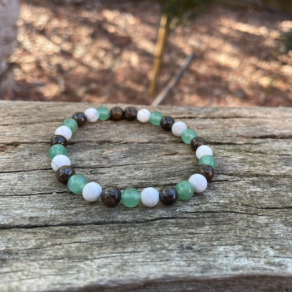 Bracelet en Bronzite, Aventurine verte et Howlite, Made in France