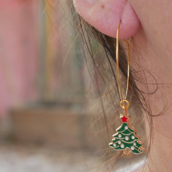 Boucles d'oreilles créoles forme Sapin de Noël, Made in France