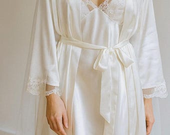 Lace Robe Set | Lace Slip Dress | Lace Shorts Set | Bridal Getting Ready Outfit | Wedding Morning Outfit | Robe Set
