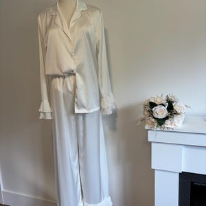 White Satin Ruffle Bridesmaid Pajamas | Wedding Gift