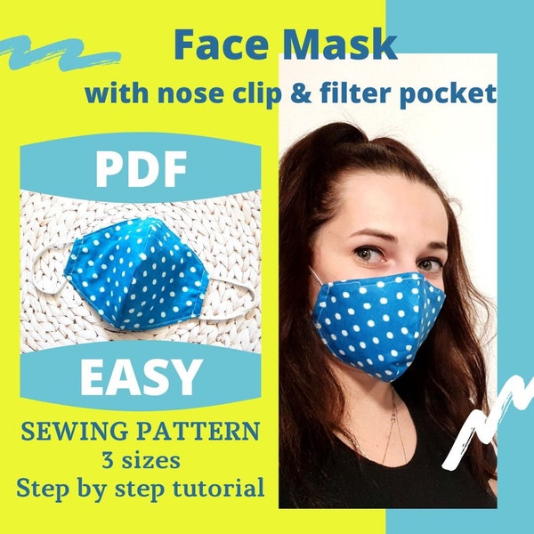 Support Ukraine Easy face mask pattern PDF, how to sew adult and kids face mask tutorial, reusable face mask with nose clip & filter pocket