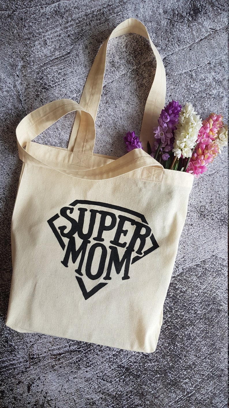 SUPER MOM tote bag handpainted cotton tote bag funny pattern Etsy