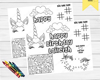 Unicorn Birthday Party Printable Activity - Unicorn Activity Sheet for Kids - Unicorn Game - Unicorn Coloring Page - Unicorn Placemat