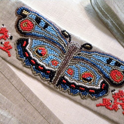 Party dress for baby girl, shops Organic linen dress, Handmade embroidered belt, Blue butterfly beads, Turquoise butterfly beads, Gift for girl