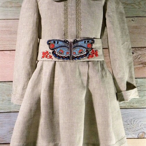 Party dress for baby girl, shops Organic linen dress, Handmade embroidered belt, Blue butterfly beads, Turquoise butterfly beads, Gift for girl