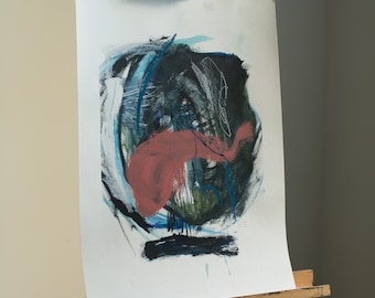 May include: Abstract painting on canvas with black, blue, green, and pink paint. The painting is on an easel.