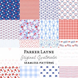 USA Patchwork 4 luglio Seamless Pattern, stile Crazy Quilt, fiocchi cuori strisce, file di ripetizione patriottica del giorno dell'indipendenza, download digitale