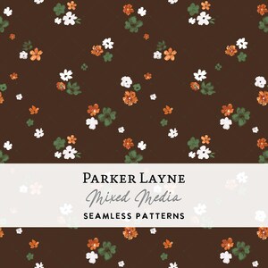 Motivo floreale marrone senza soluzione di continuità, acquerello autunnale, ripetizione della stagione spettrale, arte mista nera, design di fiammiferi con campo di zucche, Parker Layne