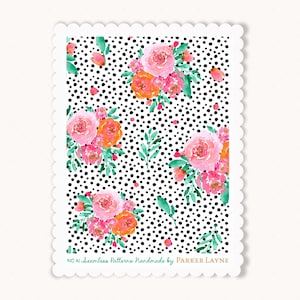 May include: A rectangular card with a scalloped edge featuring a pattern of black polka dots on a white background, accented with watercolor floral clusters in shades of pink, orange, and green. The text reads NO AI Seamless Patterns Handmade by PARKER LAYNE.