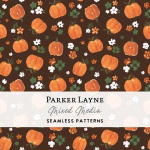 Modèle sans couture citrouille floral marron, aquarelle d'automne, répétition de la saison fantasmagorique, technique mixte, Parker Layne