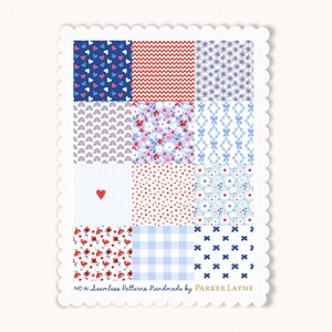 May include: A rectangular sheet with a scalloped edge featuring twelve square panels of various patterns including hearts, chevrons, florals, rainbows, bows, polka dots, and gingham in red, white, and blue. Text reads NO AI Seamless Patterns Handmade by PARKER LAYNE.