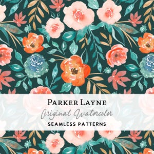 Motivo floreale senza soluzione di continuità con pesca e arancia, acquerello ripetuto, fiori di campagna dipinti a mano, massimalismo, Parker Layne