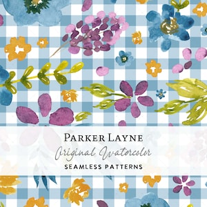 Watercolor Floral Gingham Seamless Pattern: Cottagecore Fabric Print (Digital File)
